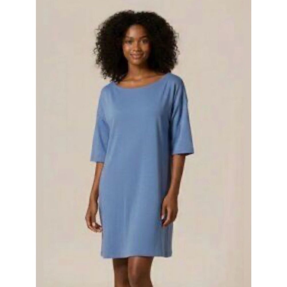 For Cynthia Blue 3/4 Knee Length Sleeve Boat Neck Knit Shift Dress L